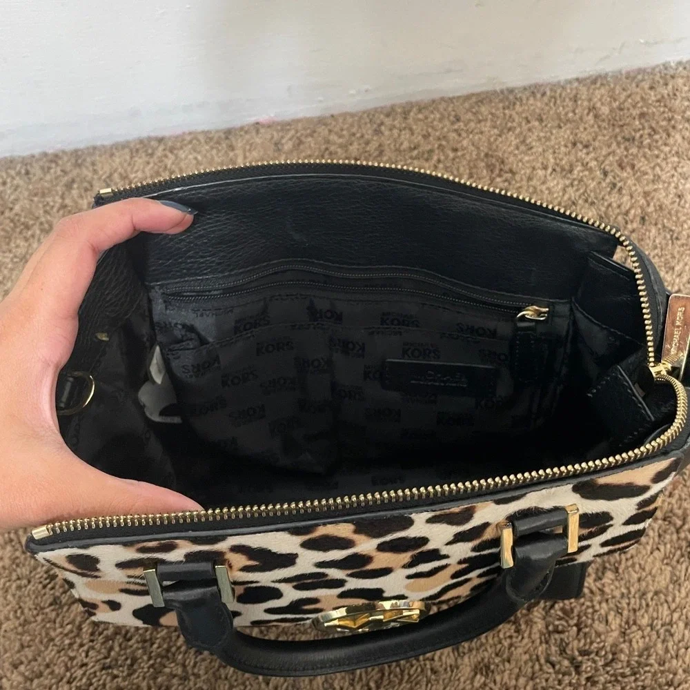 Michael Kors Black‎ Leopard Trim Satchel Handbag Gold MK Logo
